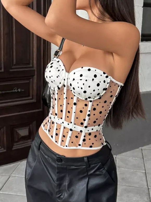Corset Tops White Chic Sleeveless Strapless Sheer Slim Fit Lace-up Tops