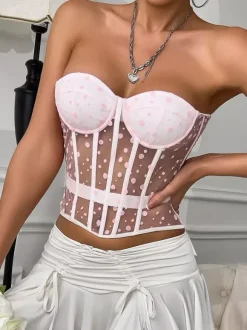 Corset Tops White Chic Sleeveless Strapless Sheer Slim Fit Lace-up Tops