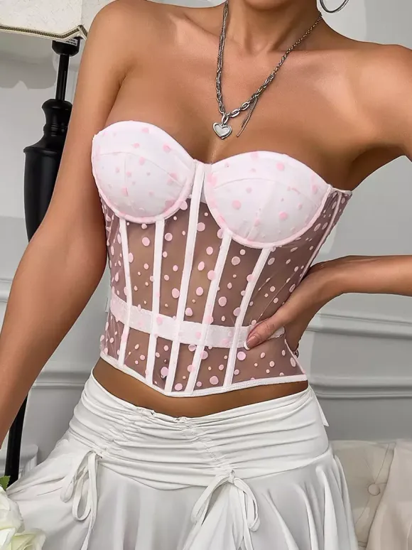 Corset Tops White Chic Sleeveless Strapless Sheer Slim Fit Lace-up Tops