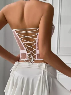 Corset Tops White Chic Sleeveless Strapless Sheer Slim Fit Lace-up Tops