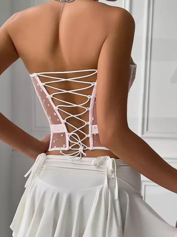 Corset Tops White Chic Sleeveless Strapless Sheer Slim Fit Lace-up Tops