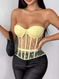 Corset Tops White Chic Sleeveless Strapless Sheer Slim Fit Lace-up Tops