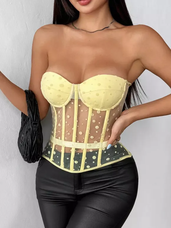 Corset Tops White Chic Sleeveless Strapless Sheer Slim Fit Lace-up Tops