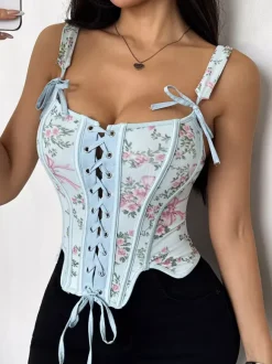 Corset Tops White Chic Sleeveless Straps Neck Slim Fit Bows Tops