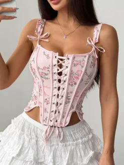 Corset Tops White Chic Sleeveless Straps Neck Slim Fit Bows Tops