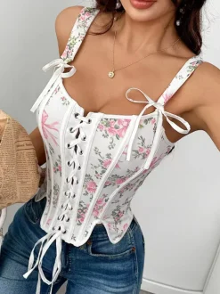 Corset Tops White Chic Sleeveless Straps Neck Slim Fit Bows Tops