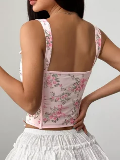 Corset Tops White Chic Sleeveless Straps Neck Slim Fit Bows Tops