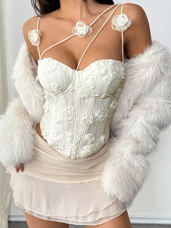 Corset Tops White Sexy Sleeveless Straps Neck Slim Fit Flowers Tops