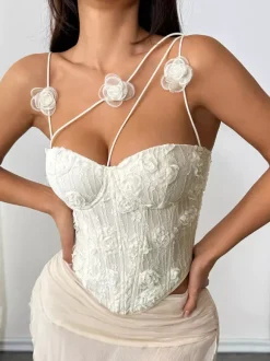 Corset Tops White Sexy Sleeveless Straps Neck Slim Fit Flowers Tops