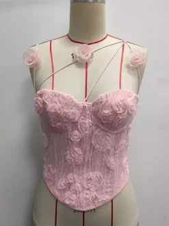 Corset Tops White Sexy Sleeveless Straps Neck Slim Fit Flowers Tops