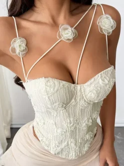 Corset Tops White Sexy Sleeveless Straps Neck Slim Fit Flowers Tops