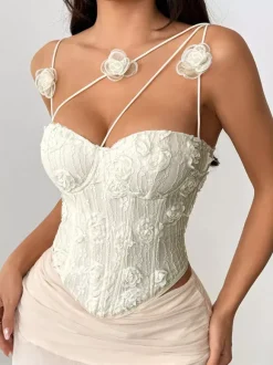 Corset Tops White Sexy Sleeveless Straps Neck Slim Fit Flowers Tops
