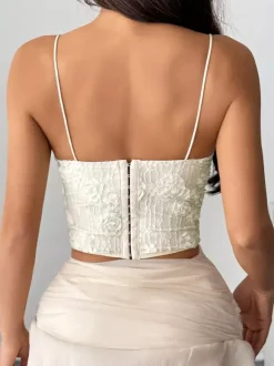 Corset Tops White Sexy Sleeveless Straps Neck Slim Fit Flowers Tops