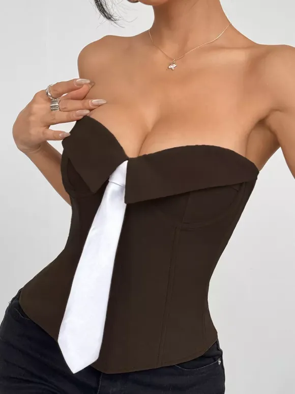 Corset Tops White Sexy Sleeveless Gray Strapless Blazer-Style With Striped Tie