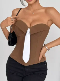 Corset Tops White Sexy Sleeveless Gray Strapless Blazer-Style With Striped Tie