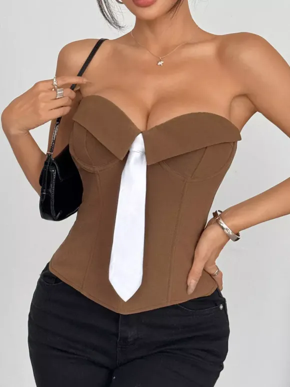 Corset Tops White Sexy Sleeveless Gray Strapless Blazer-Style With Striped Tie