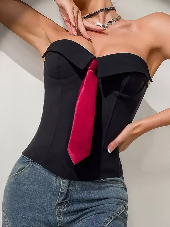 Corset Tops White Sexy Sleeveless Gray Strapless Blazer-Style With Striped Tie