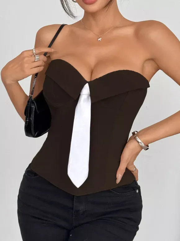 Corset Tops White Sexy Sleeveless Gray Strapless Blazer-Style With Striped Tie