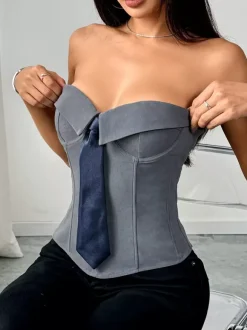 Corset Tops White Sexy Sleeveless Gray Strapless Blazer-Style With Striped Tie