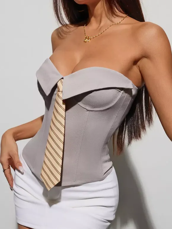 Corset Tops White Sexy Sleeveless Gray Strapless Blazer-Style With Striped Tie