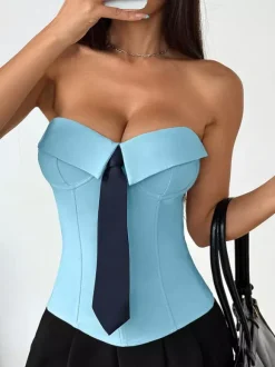 Corset Tops White Sexy Sleeveless Gray Strapless Blazer-Style With Striped Tie