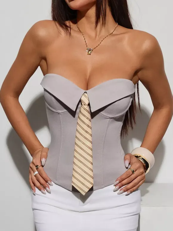 Corset Tops White Sexy Sleeveless Gray Strapless Blazer-Style With Striped Tie
