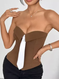 Corset Tops White Sexy Sleeveless Gray Strapless Blazer-Style With Striped Tie