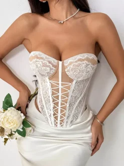 Corset Tops White Sexy Sleeveless Strapless Slim Fit Lace Zipper Tops