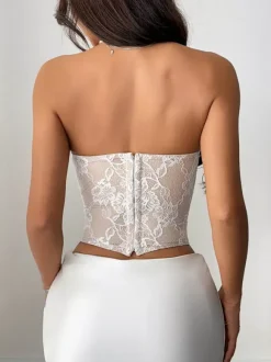 Corset Tops White Sexy Sleeveless Strapless Slim Fit Lace Zipper Tops