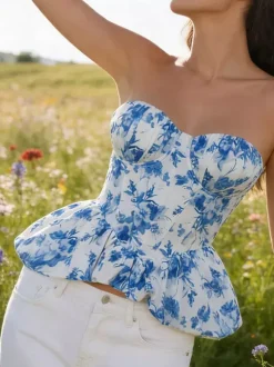 Corset Tops White Sexy Sleeveless Strapless Slim Fit Lace-up Tops
