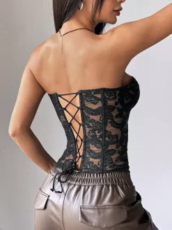 Corset Tops Yellow Chic Strapless Slim Fit Lace Up Embroidered Tops