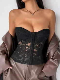 Corset Tops Yellow Chic Strapless Slim Fit Lace Up Embroidered Tops
