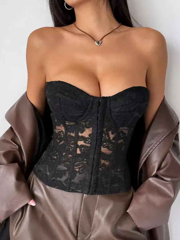 Corset Tops Yellow Chic Strapless Slim Fit Lace Up Embroidered Tops