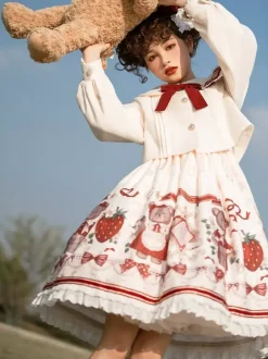 Costumes Lolita Specials Lolita Dresses Sweet Lolita Dress Polyester Sleeveless Bows Sweet Jumper Christmas Lolita Dress Ecru White Floral Print