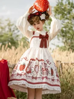 Costumes Lolita Specials Lolita Dresses Sweet Lolita Dress Polyester Sleeveless Bows Sweet Jumper Christmas Lolita Dress Ecru White Floral Print