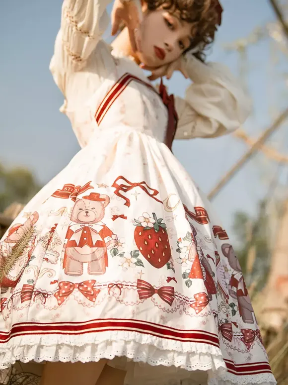 Costumes Lolita Specials Lolita Dresses Sweet Lolita Dress Polyester Sleeveless Bows Sweet Jumper Christmas Lolita Dress Ecru White Floral Print