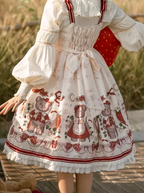 Costumes Lolita Specials Lolita Dresses Sweet Lolita Dress Polyester Sleeveless Bows Sweet Jumper Christmas Lolita Dress Ecru White Floral Print
