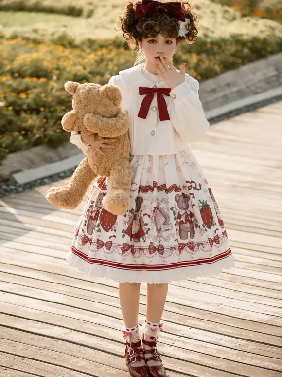 Costumes Lolita Specials Lolita Dresses Sweet Lolita Dress Polyester Sleeveless Bows Sweet Jumper Christmas Lolita Dress Ecru White Floral Print