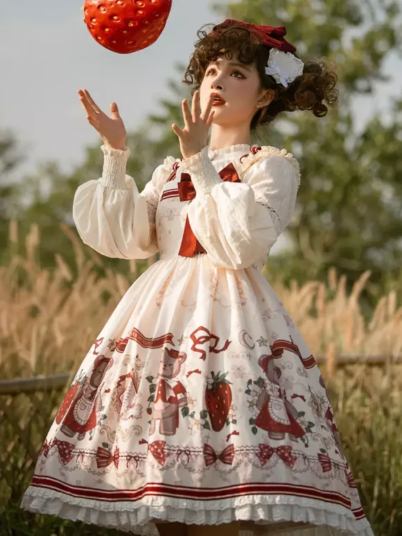 Costumes Lolita Specials Lolita Dresses Sweet Lolita Dress Polyester Sleeveless Bows Sweet Jumper Christmas Lolita Dress Ecru White Floral Print