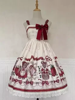 Costumes Lolita Specials Lolita Dresses Sweet Lolita Dress Polyester Sleeveless Bows Sweet Jumper Christmas Lolita Dress Ecru White Floral Print