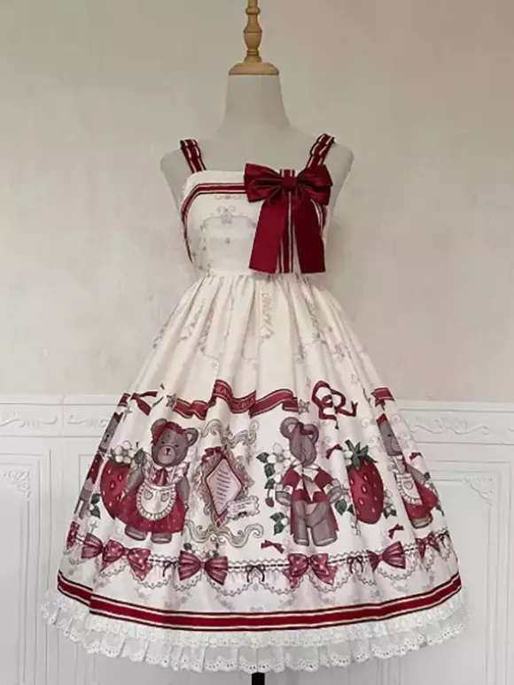 Costumes Lolita Specials Lolita Dresses Sweet Lolita Dress Polyester Sleeveless Bows Sweet Jumper Christmas Lolita Dress Ecru White Floral Print