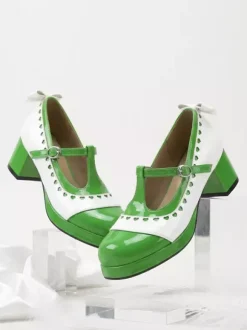 Costumes Lolita Mary Jane Shoes Orange Bows Round Toe Patent Leather Chunky Heel Lolita Pumps