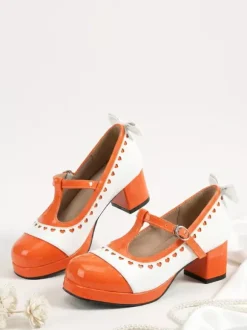 Costumes Lolita Mary Jane Shoes Orange Bows Round Toe Patent Leather Chunky Heel Lolita Pumps