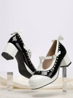 Costumes Lolita Mary Jane Shoes Orange Bows Round Toe Patent Leather Chunky Heel Lolita Pumps