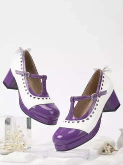 Costumes Lolita Mary Jane Shoes Orange Bows Round Toe Patent Leather Chunky Heel Lolita Pumps