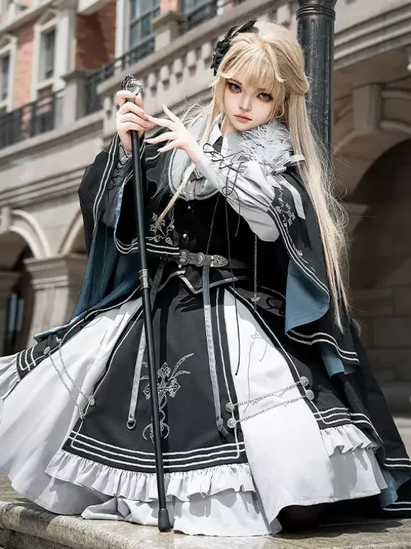 Costumes Military Uniform Lolita Army Cross Metal Details Feathers Black Black