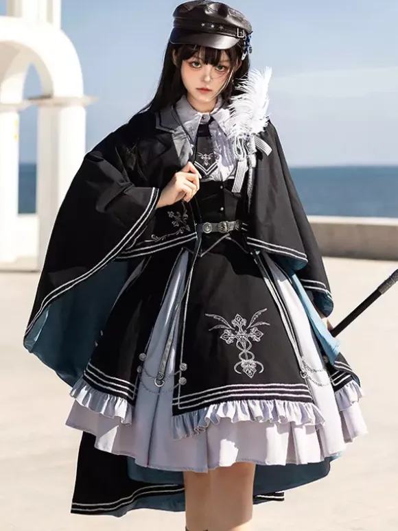 Costumes Military Uniform Lolita Army Cross Metal Details Feathers Black Black