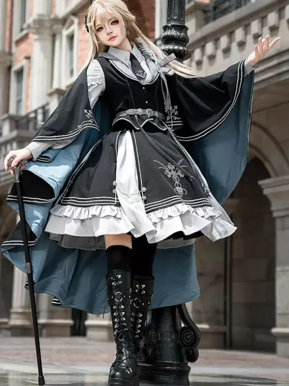 Costumes Military Uniform Lolita Army Cross Metal Details Feathers Black Black
