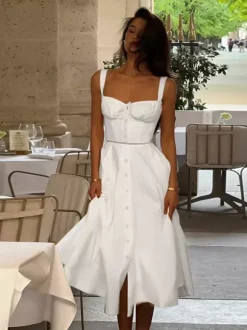 Cottagecore Midi Dress For Women - White Elegant Tie Front Sundress - Summer Garden Wedding Guest Wear 2026