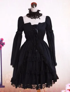 Cotton Black Lolita OP Dress Long Sleeves Lace Trim